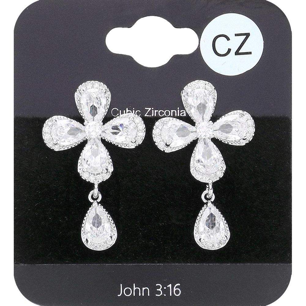 CZ Flower Pointed Teardrop Stone Dangle Evening Earrings - Madeline Love - Flyclothing LLC