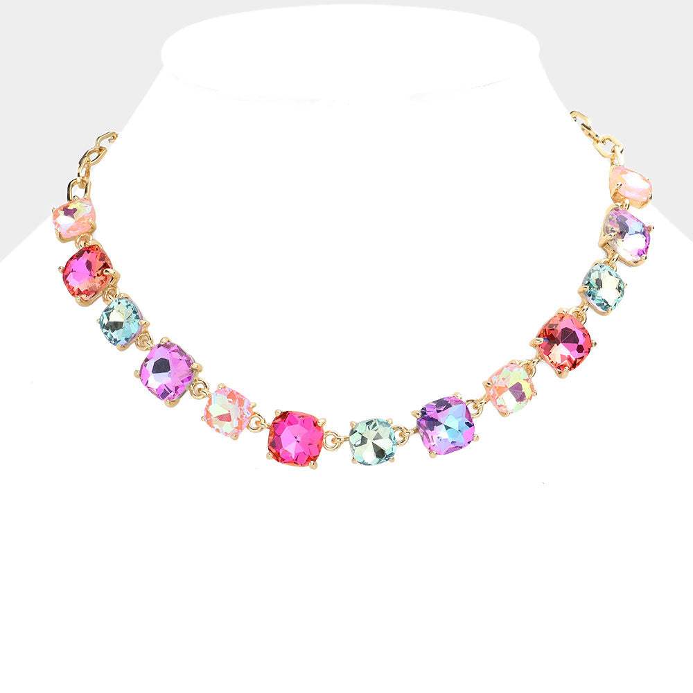 Cushion Square Stone Link Evening Necklace - Madeline Love - Flyclothing LLC