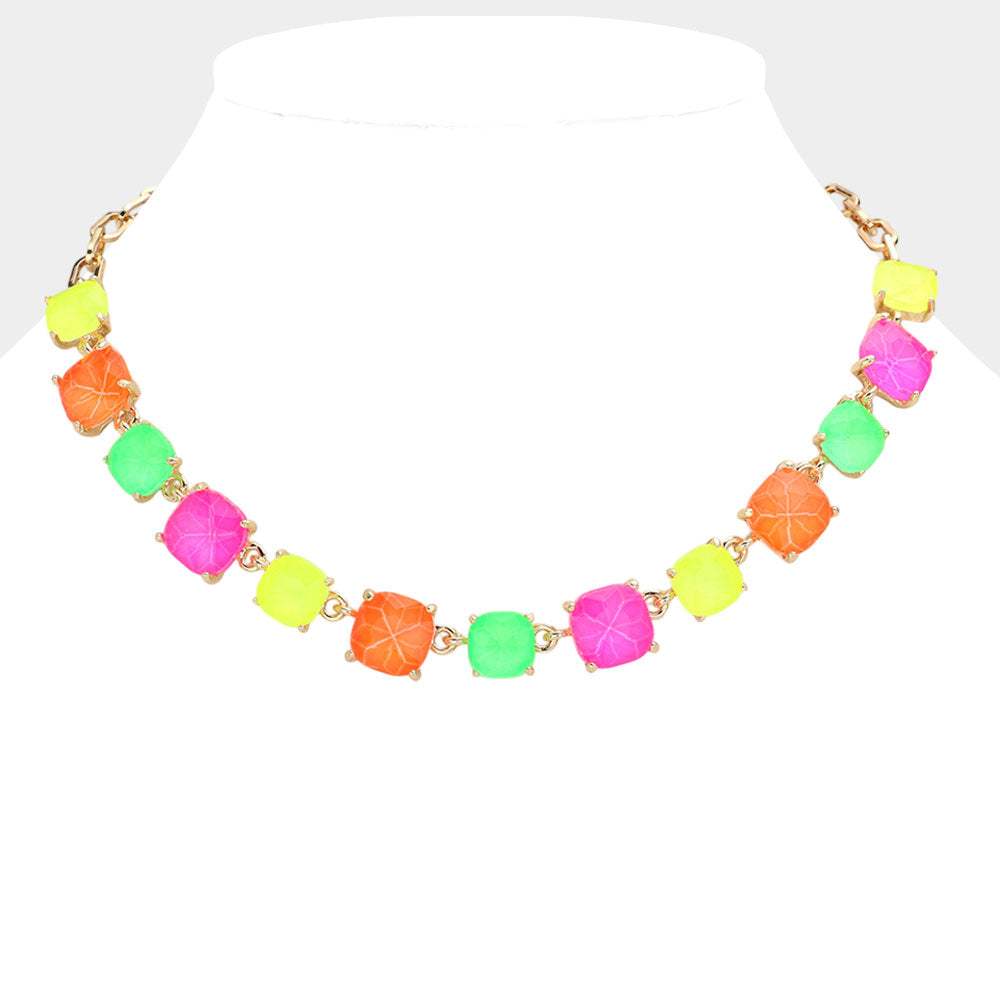 Cushion Square Stone Link Evening Necklace - Madeline Love - Flyclothing LLC