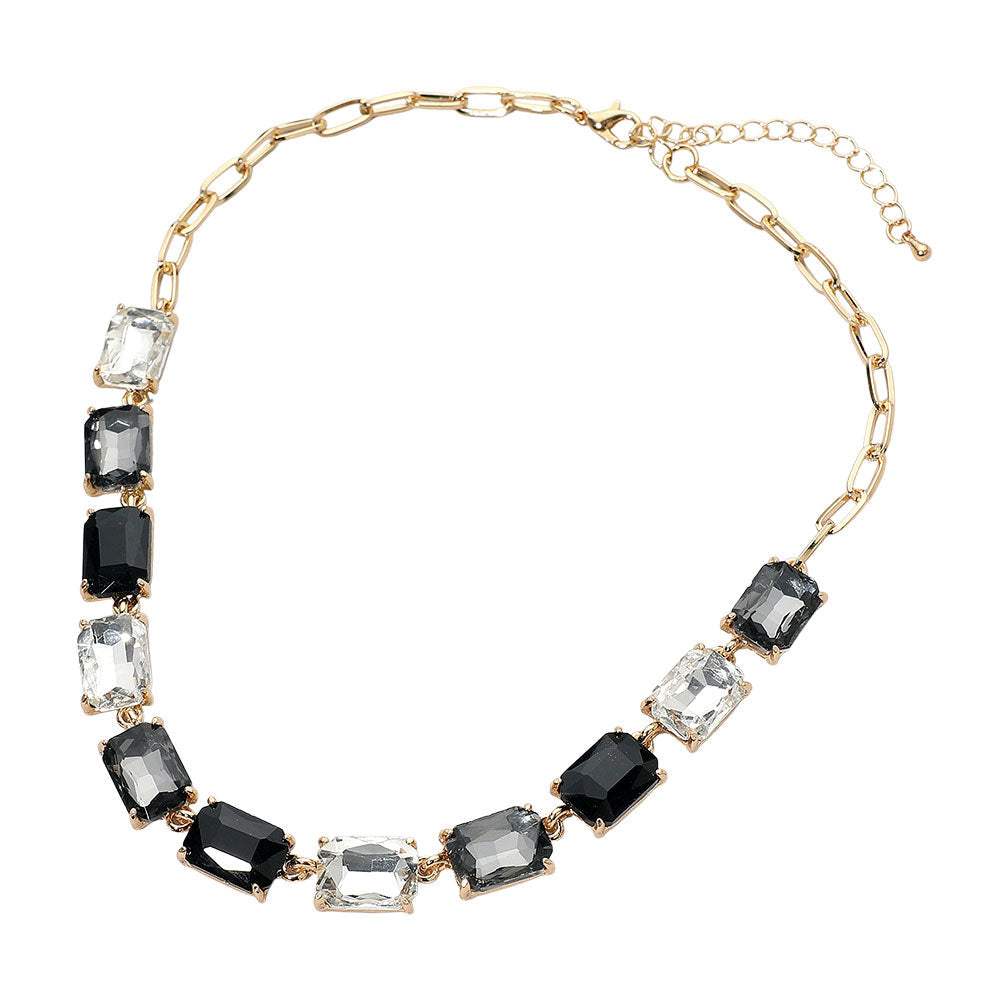 Cushion Rectangular Stone Cluster Link Evening Necklace - Madeline Love - Flyclothing LLC