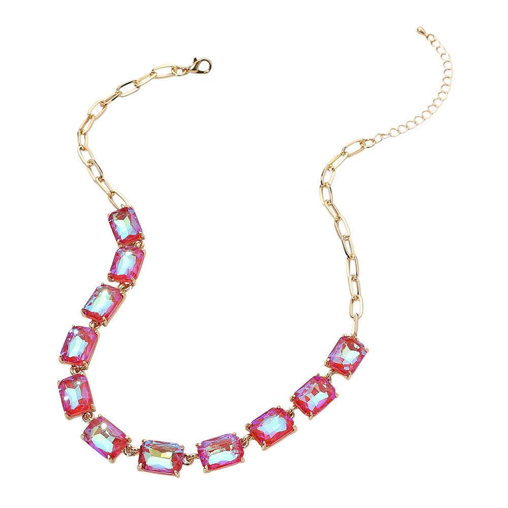 Cushion Rectangular Stone Cluster Link Evening Necklace - Madeline Love - Flyclothing LLC