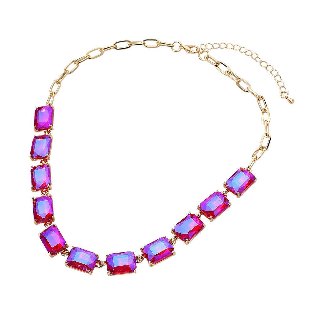 Cushion Rectangular Stone Cluster Link Evening Necklace - Madeline Love - Flyclothing LLC