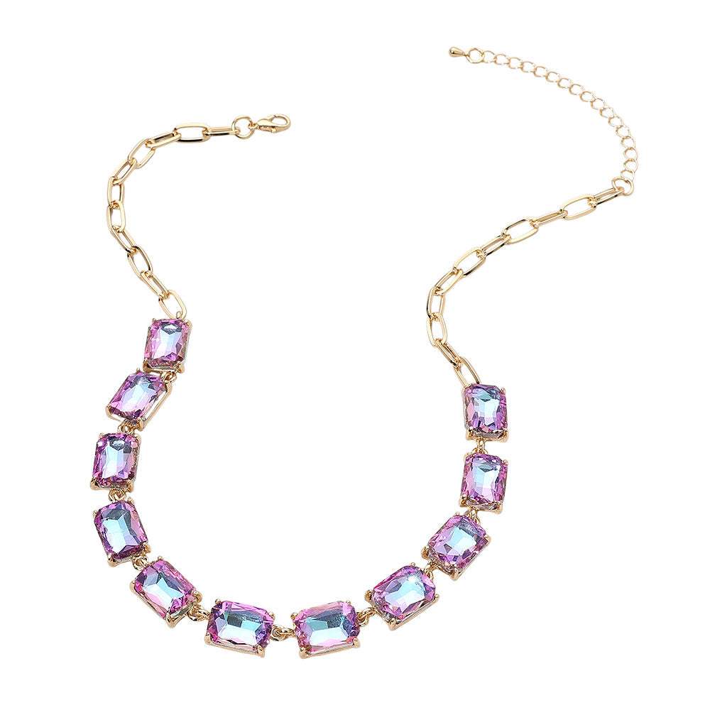 Cushion Rectangular Stone Cluster Link Evening Necklace - Madeline Love - Flyclothing LLC