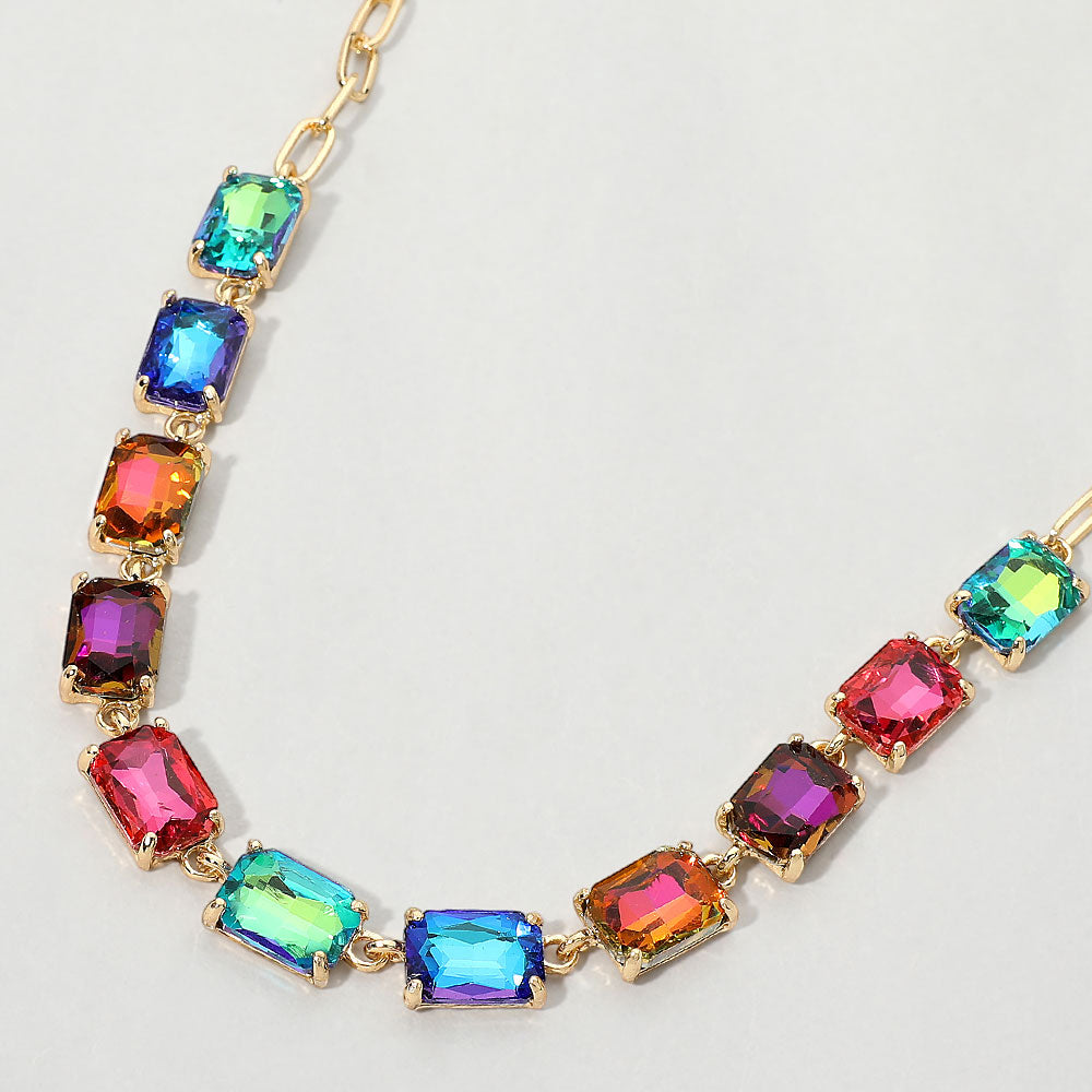 Cushion Rectangular Stone Cluster Link Evening Necklace