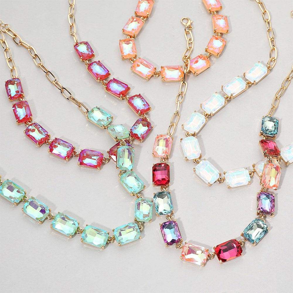 Cushion Rectangular Stone Cluster Link Evening Necklace - Madeline Love - Flyclothing LLC