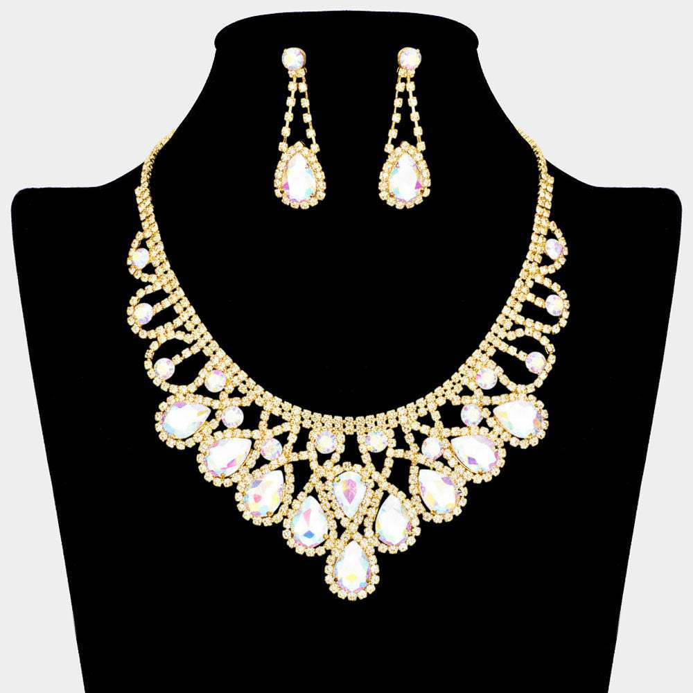 Crystal Teardrop Rhinestone Pave Evening Necklace - Madeline Love - Flyclothing LLC