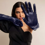 Elena (navy) - Italian silk lined 12-button length leather opera gloves