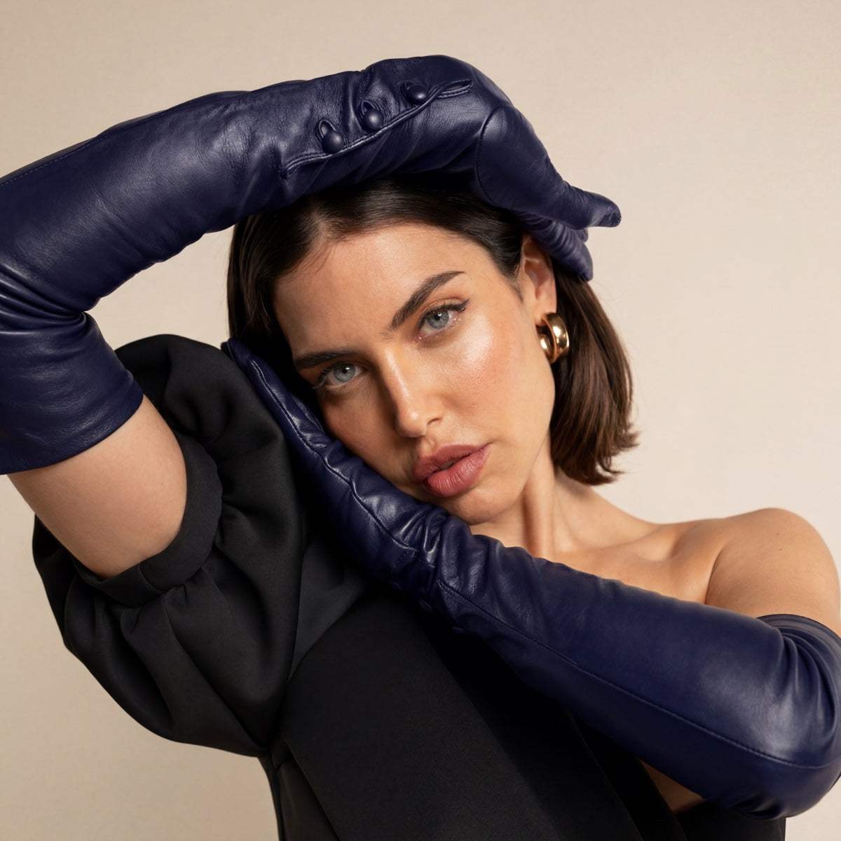 Elena (navy) - Italian silk lined 16-button length leather opera gloves - Leather Gloves Online - Flyclothing LLC