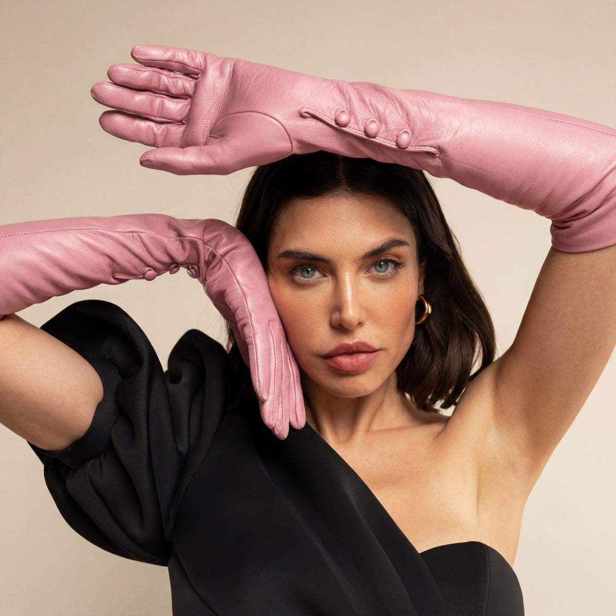 Elena (pink) - Italian silk lined 12-button length leather opera gloves - Leather Gloves Online - Flyclothing LLC