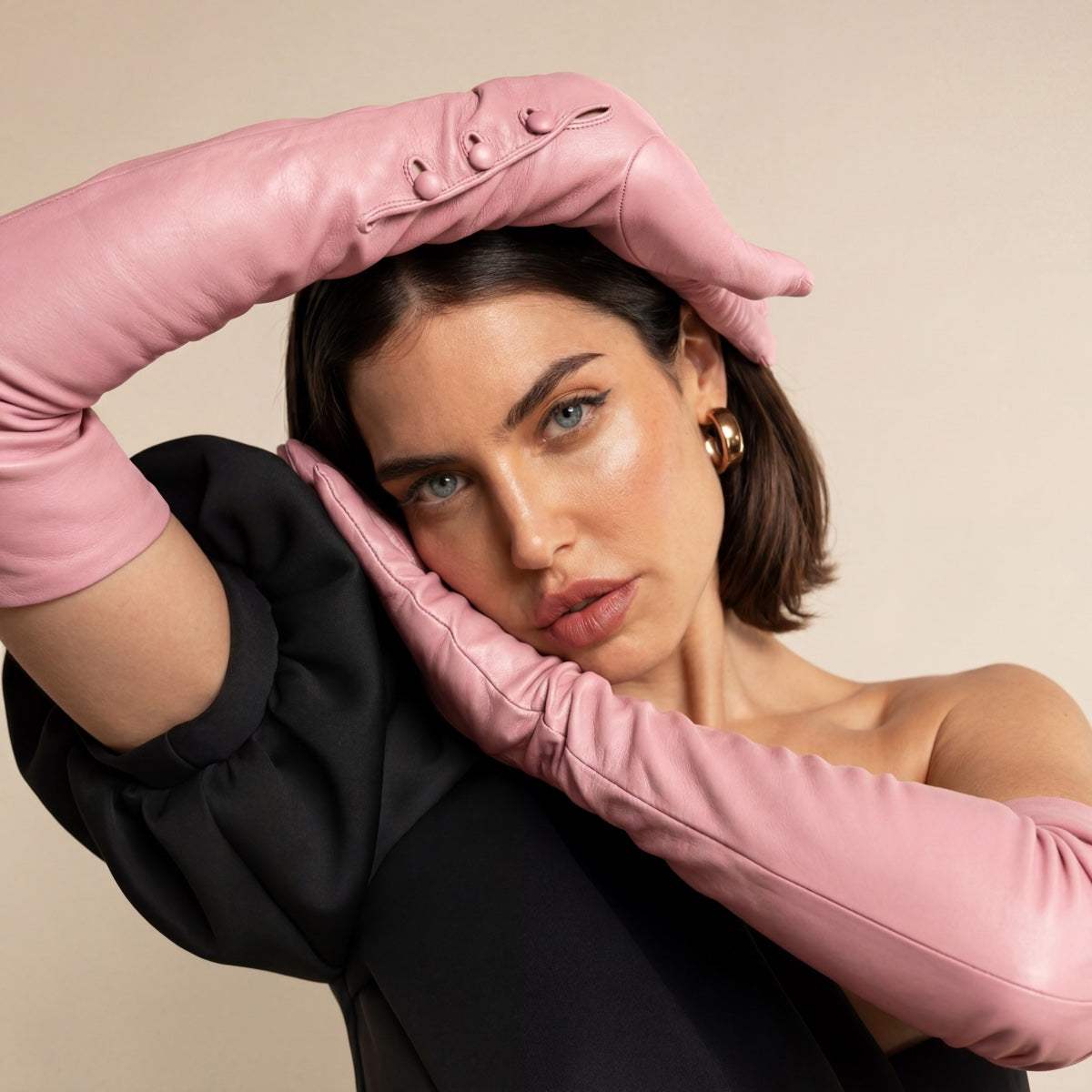 Elena (pink) - Italian silk lined 16-button length leather opera gloves