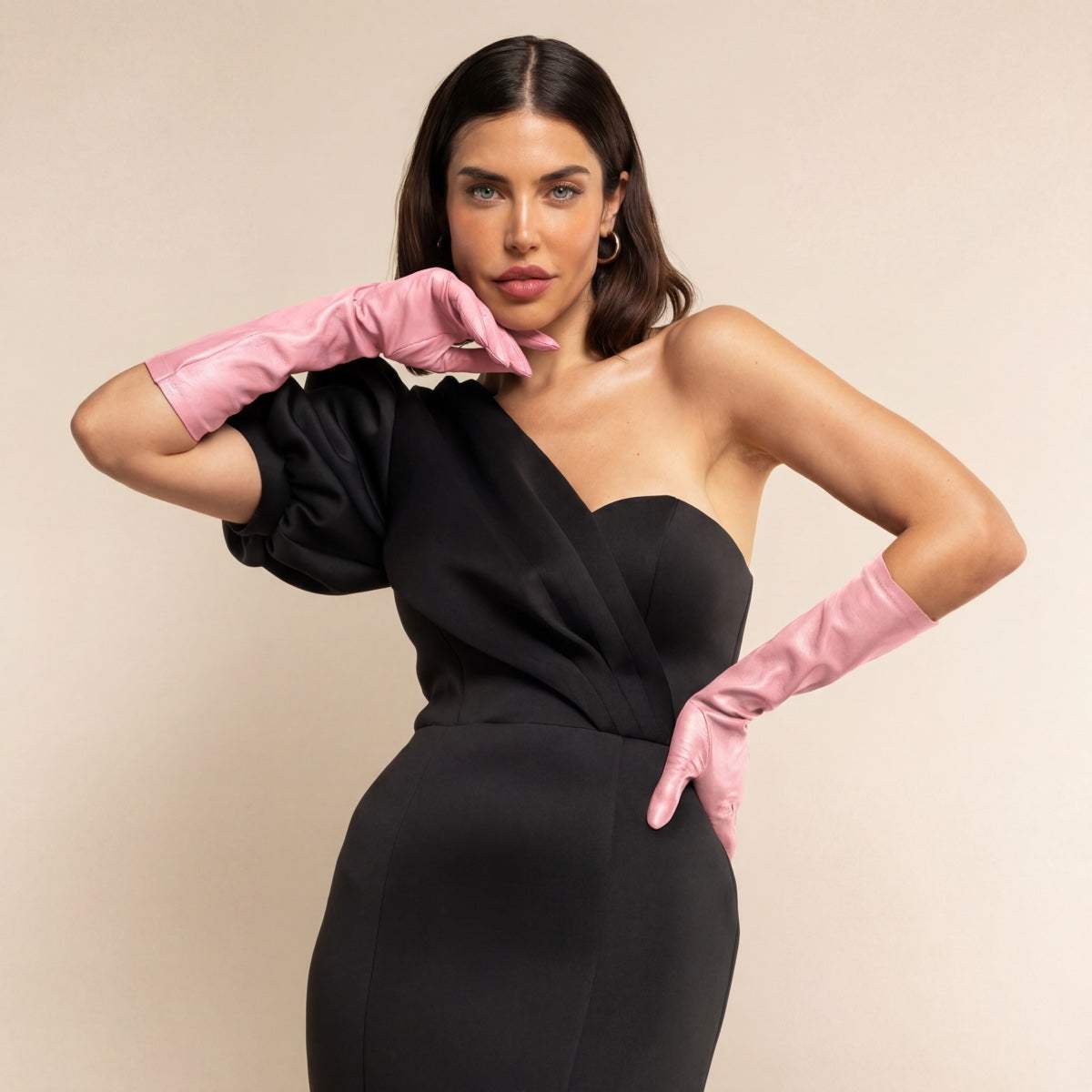 Elena (pink) - Italian silk lined 8-button length leather opera gloves