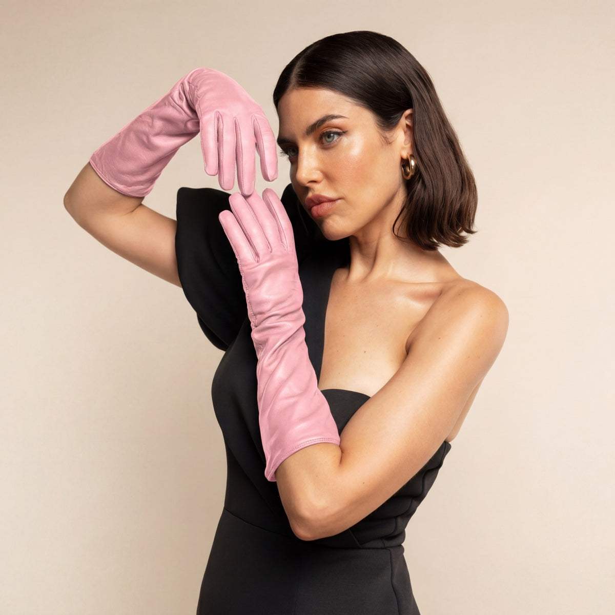 Elena (pink) - Italian silk lined 8-button length leather opera gloves