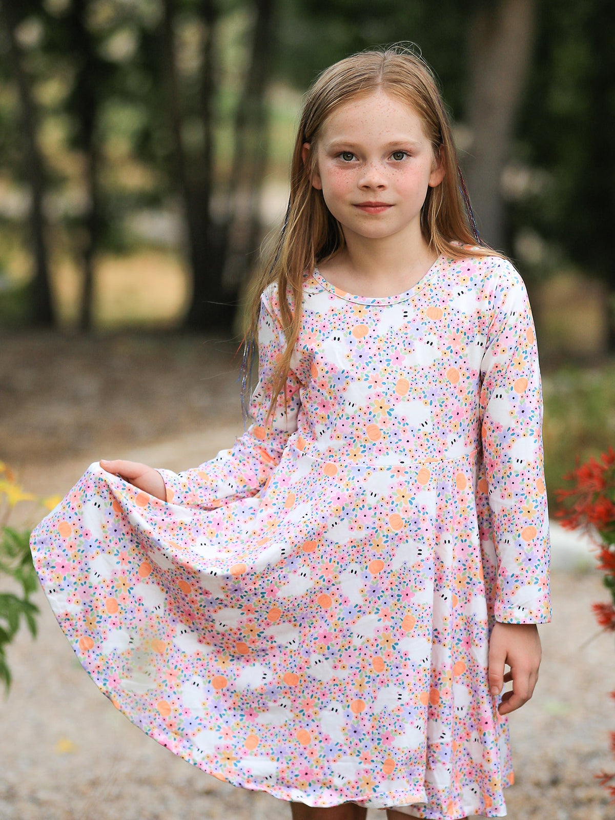 Halloween Ghost Print Girls Twirl Dress Long Sleeve - Rylee Faith Designs - Flyclothing LLC