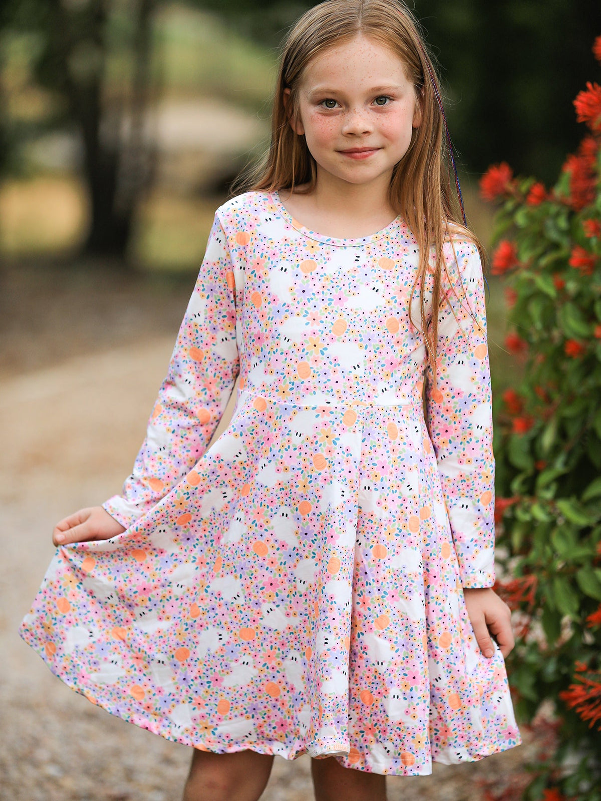 Halloween Ghost Print Girls Twirl Dress Long Sleeve - Rylee Faith Designs - Flyclothing LLC