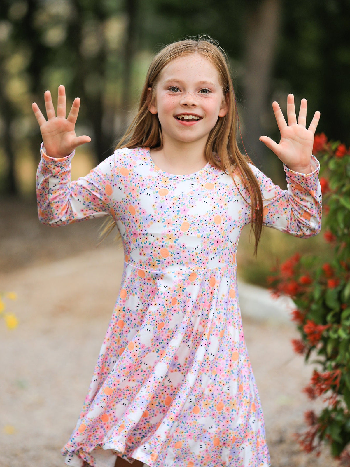 Halloween Ghost Print Girls Twirl Dress Long Sleeve - Rylee Faith Designs - Flyclothing LLC