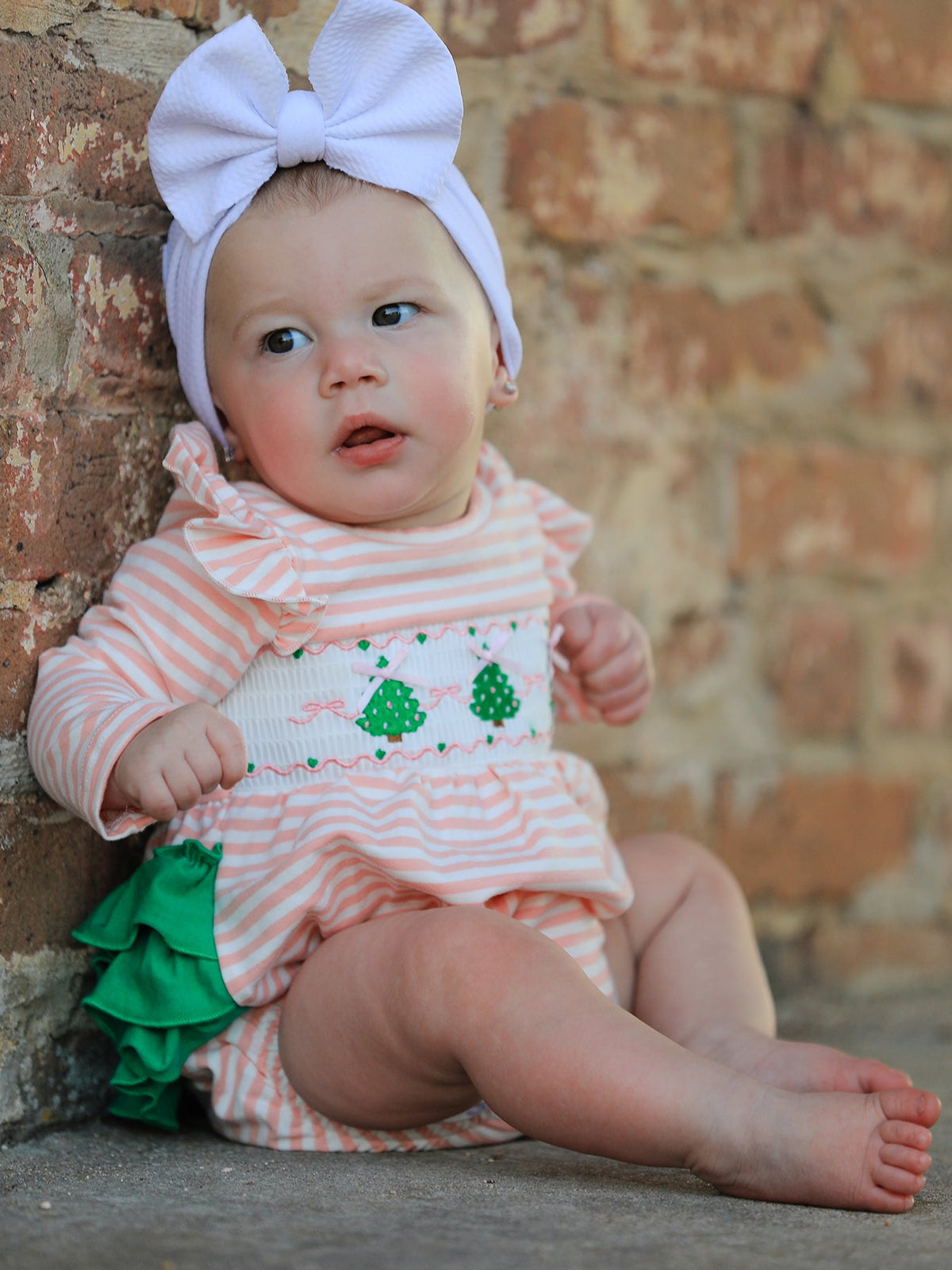 Christmas Tree Smocked Embroidery Stripe Baby Girls Romper - Rylee Faith Designs - Flyclothing LLC