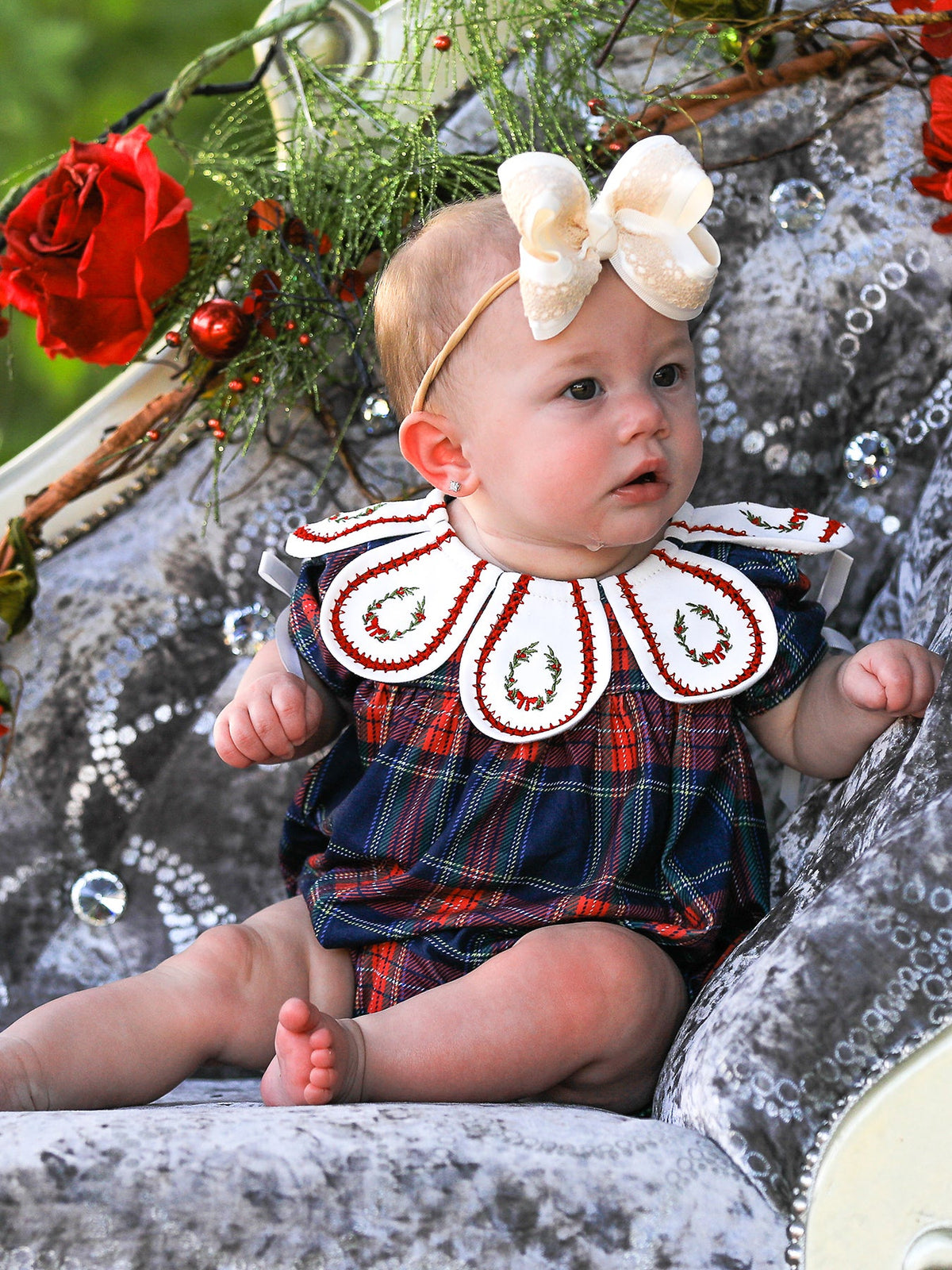 Navy Red Christmas Plaid Wreath Baby Girl Bubble Romper - Rylee Faith Designs - Flyclothing LLC