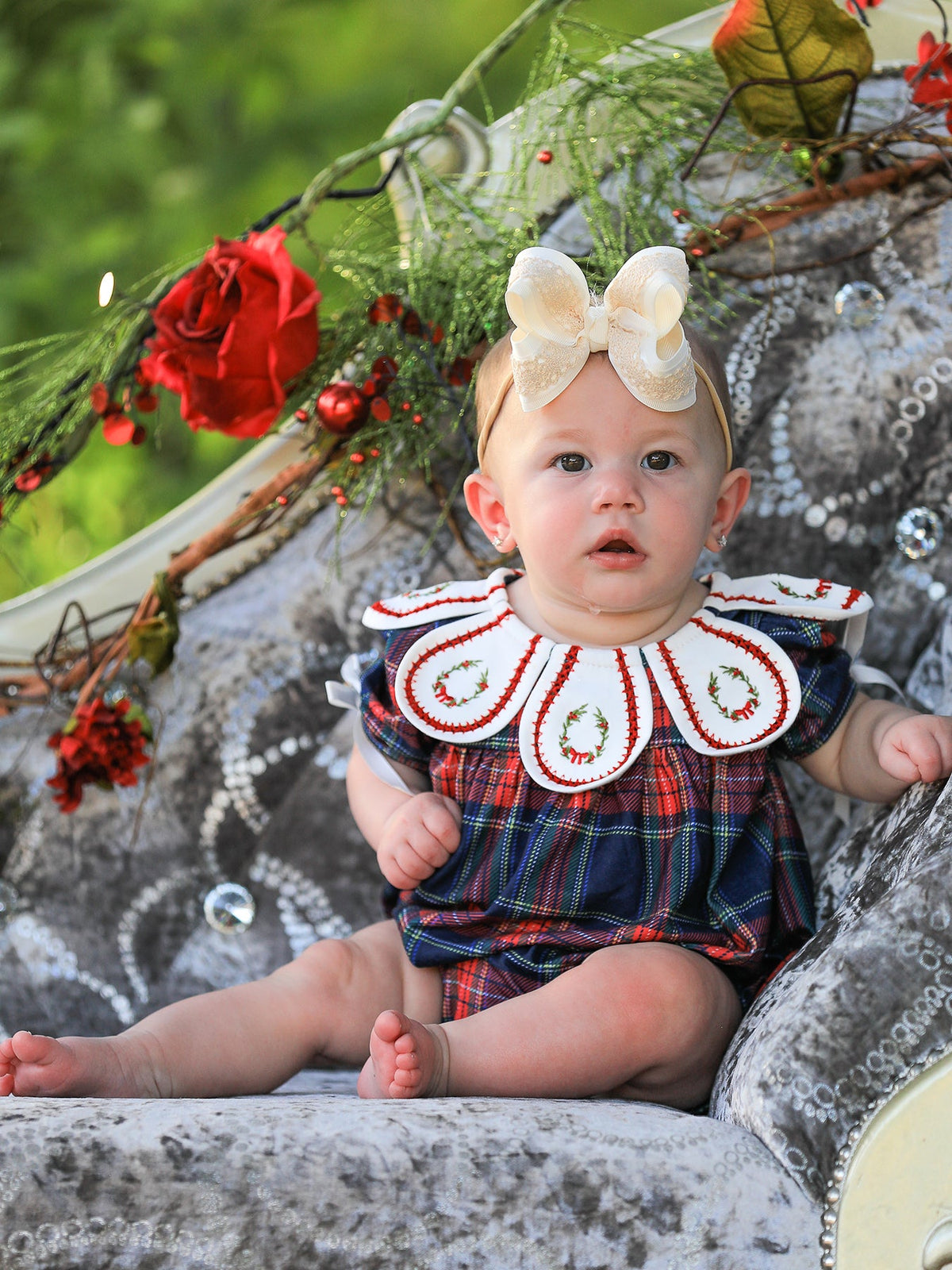 Navy Red Christmas Plaid Wreath Baby Girl Bubble Romper - Rylee Faith Designs - Flyclothing LLC