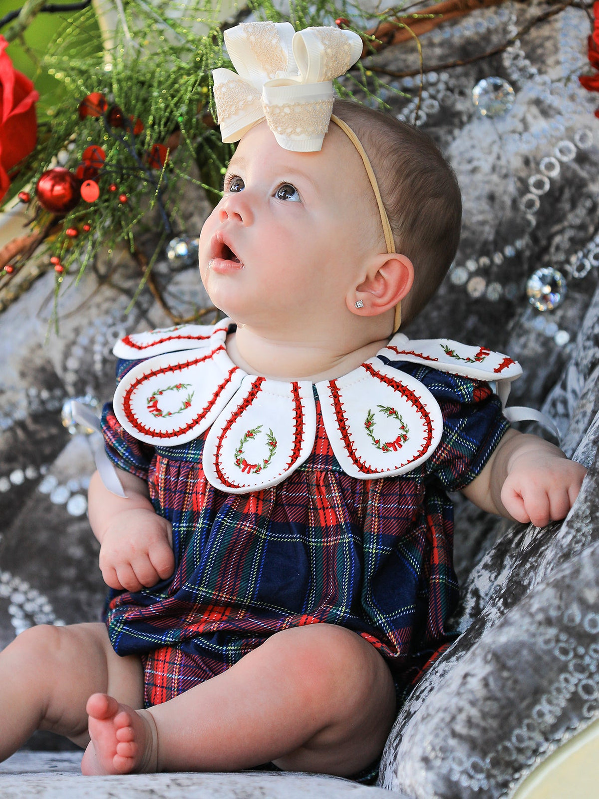 Navy Red Christmas Plaid Wreath Baby Girl Bubble Romper - Rylee Faith Designs - Flyclothing LLC