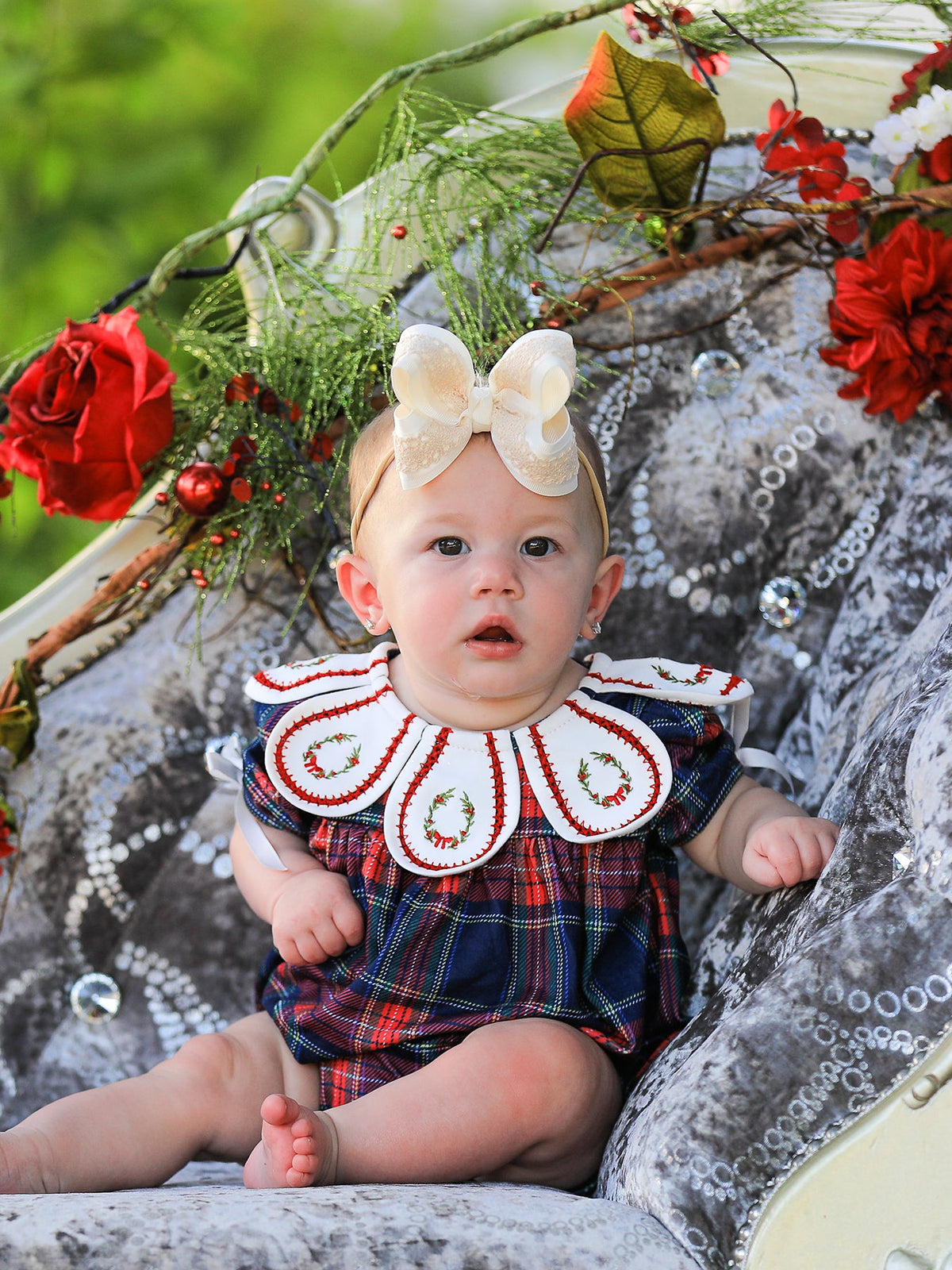 Navy Red Christmas Plaid Wreath Baby Girl Bubble Romper - Rylee Faith Designs - Flyclothing LLC