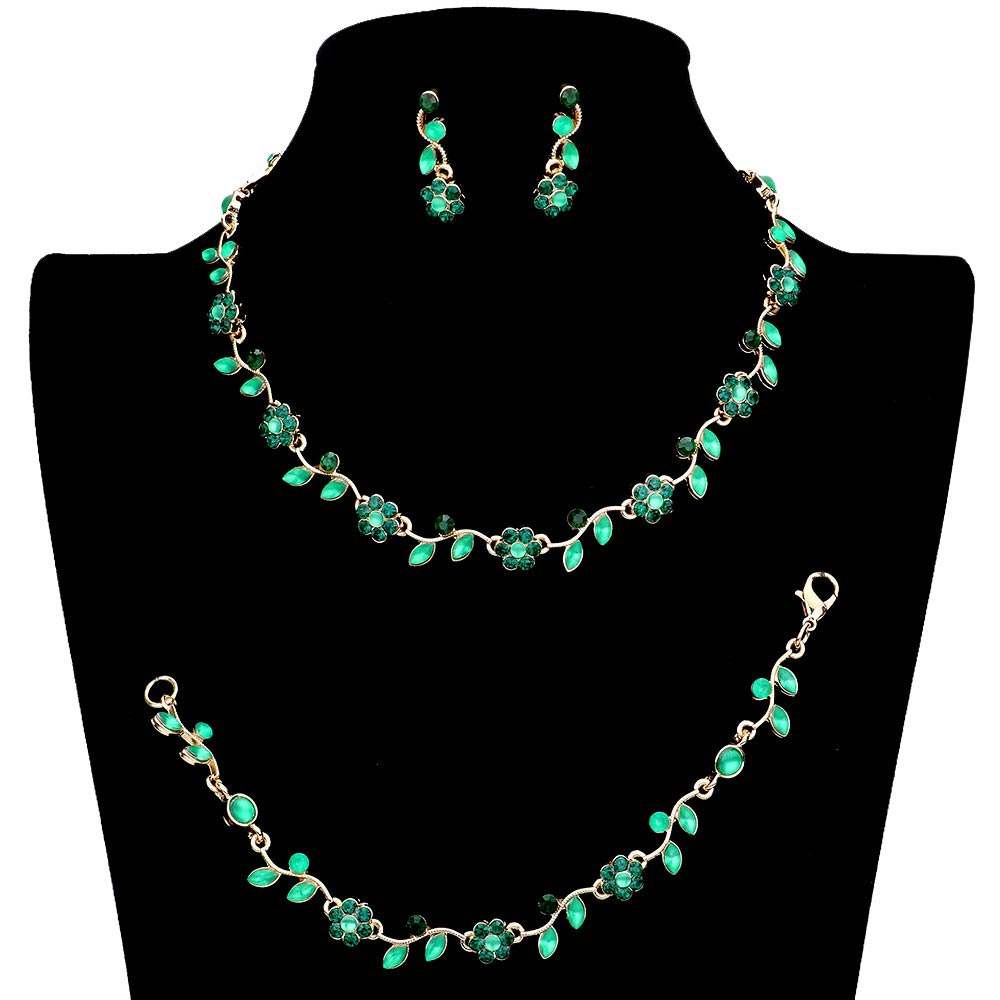 3PCS Flower Leaf Cluster Rhinestone Necklace Jewelry Set - Madeline Love - Flyclothing LLC