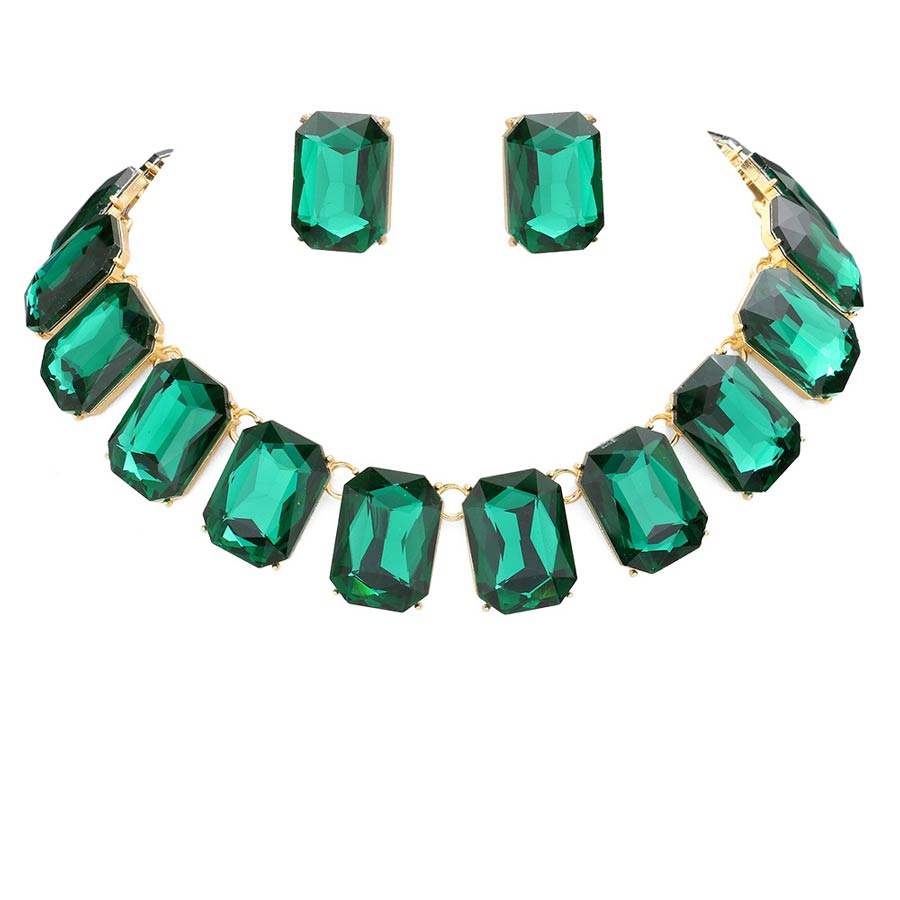 Emerald Cut Stone Link Evening Necklace Earring Set - Madeline Love - Flyclothing LLC
