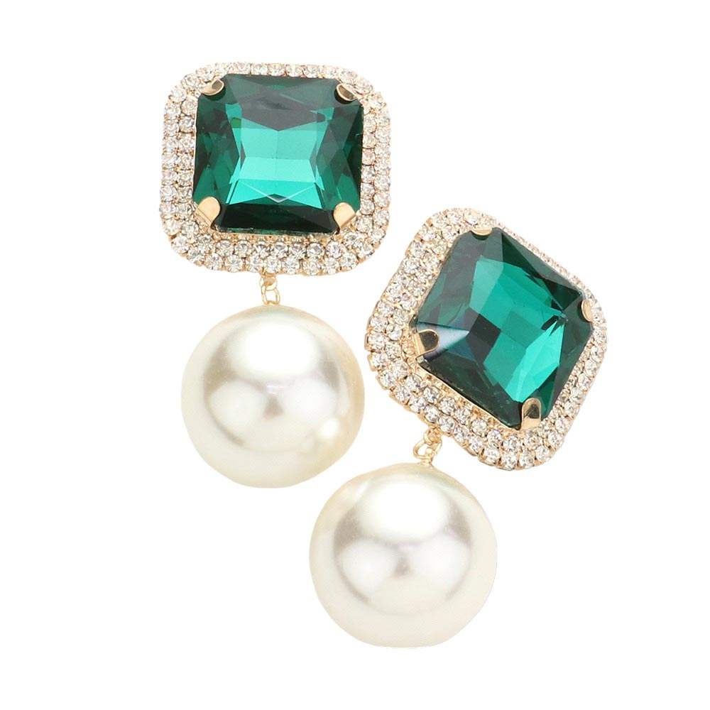 Square Stone Pearl Link Dangle Evening Clip on Earrings - Madeline Love - Flyclothing LLC