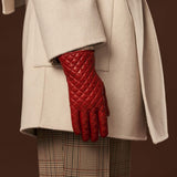Emilia (red) - Classic Italian lambskin leather gloves with cashmere lining and checkered pattern