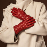 Emilia (red) - Classic Italian lambskin leather gloves with cashmere lining and checkered pattern