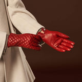 Emilia (red) - Classic Italian lambskin leather gloves with cashmere lining and checkered pattern
