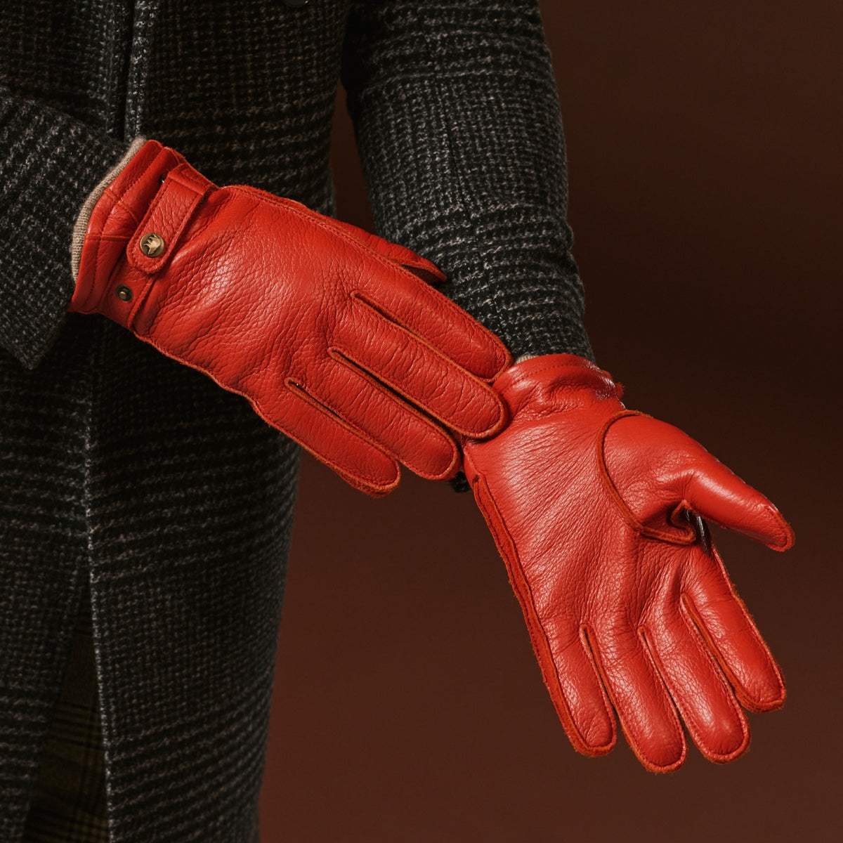 Emilio (orange) – Luxurious Italian deerskin gloves with cashmere lining and adjustable snap button - Leather Gloves Online - Flyclothing LLC