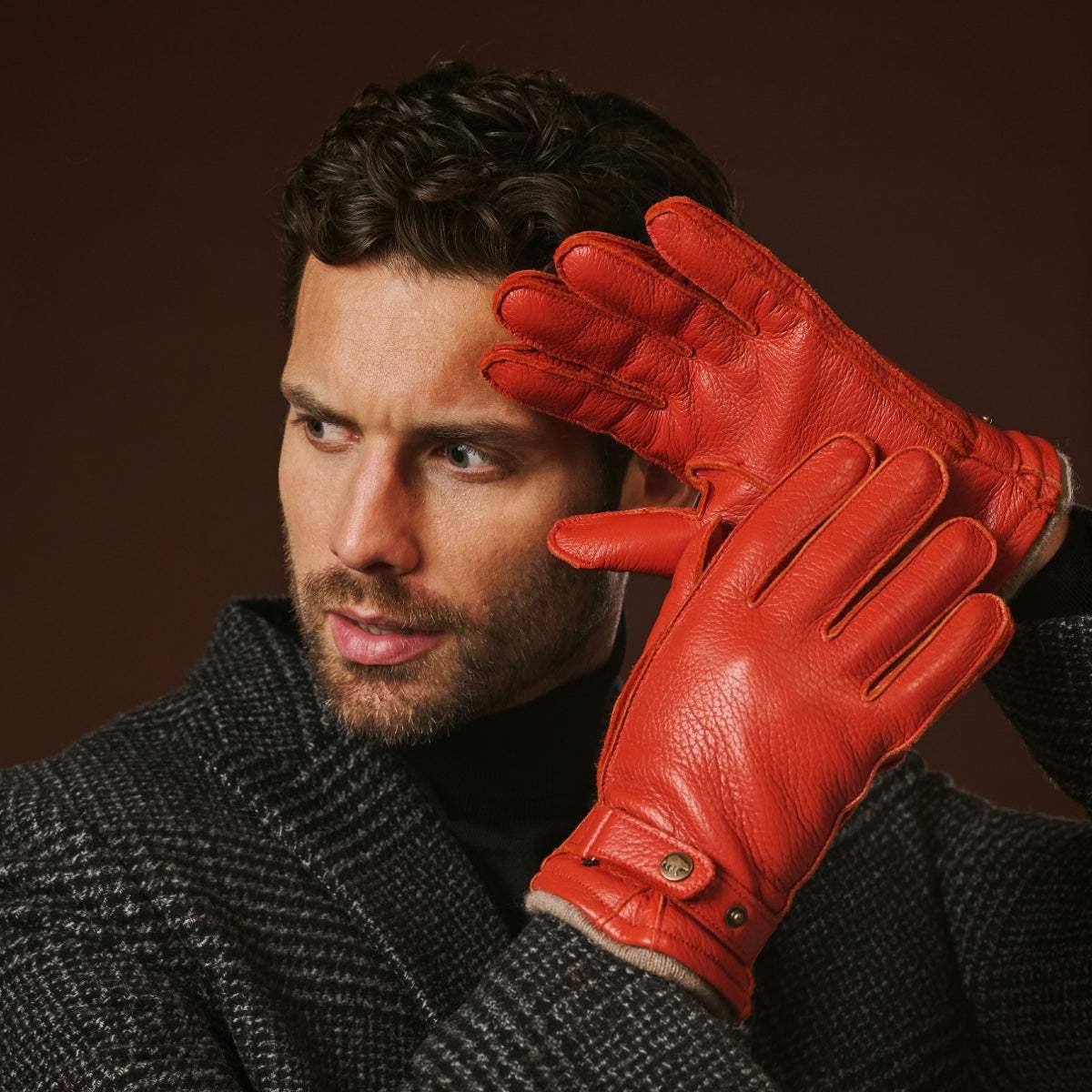 Emilio (orange) – Luxurious Italian deerskin gloves with cashmere lining and adjustable snap button - Leather Gloves Online - Flyclothing LLC