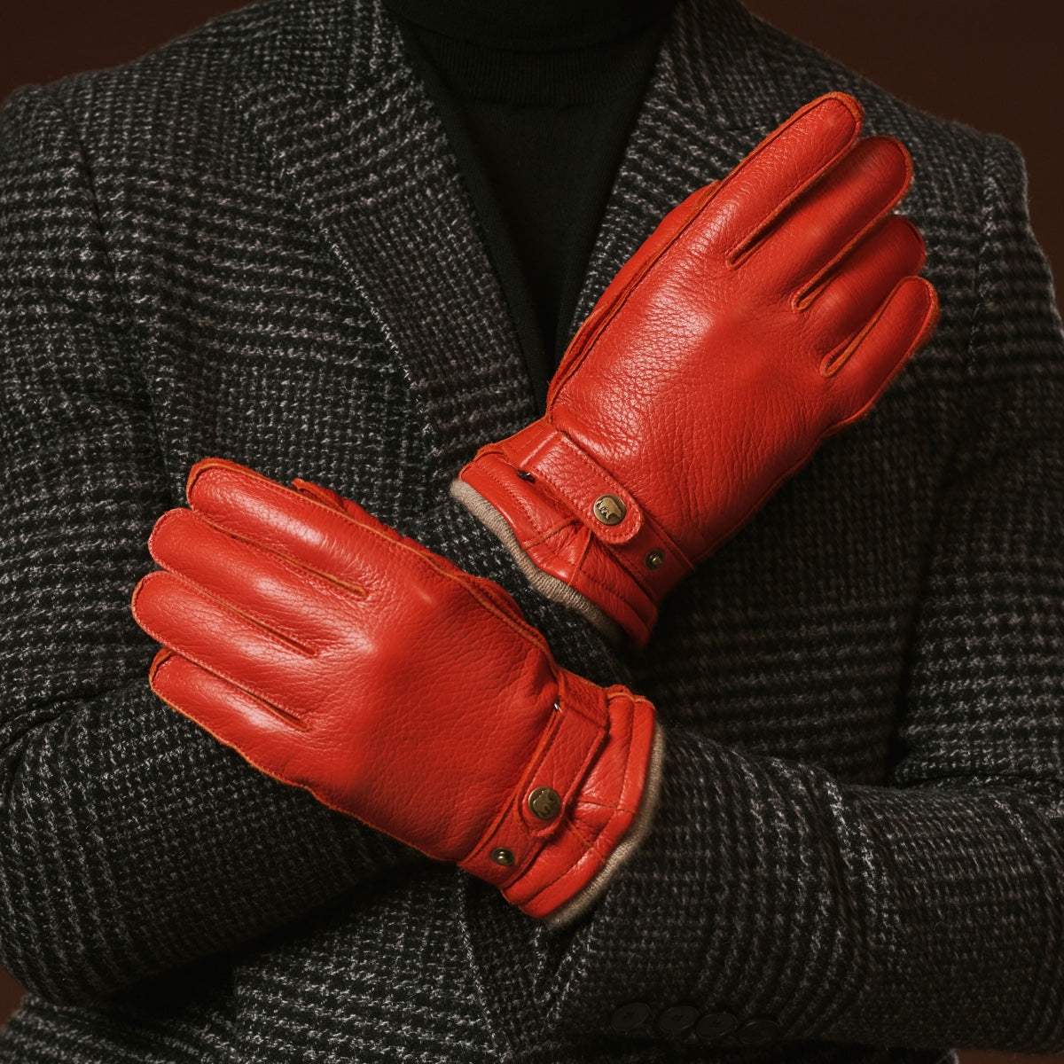 Emilio (orange) – Luxurious Italian deerskin gloves with cashmere lining and adjustable snap button - Leather Gloves Online - Flyclothing LLC