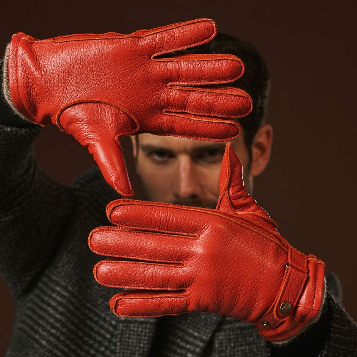 Emilio (orange) – Luxurious Italian deerskin gloves with cashmere lining and adjustable snap button - Leather Gloves Online - Flyclothing LLC