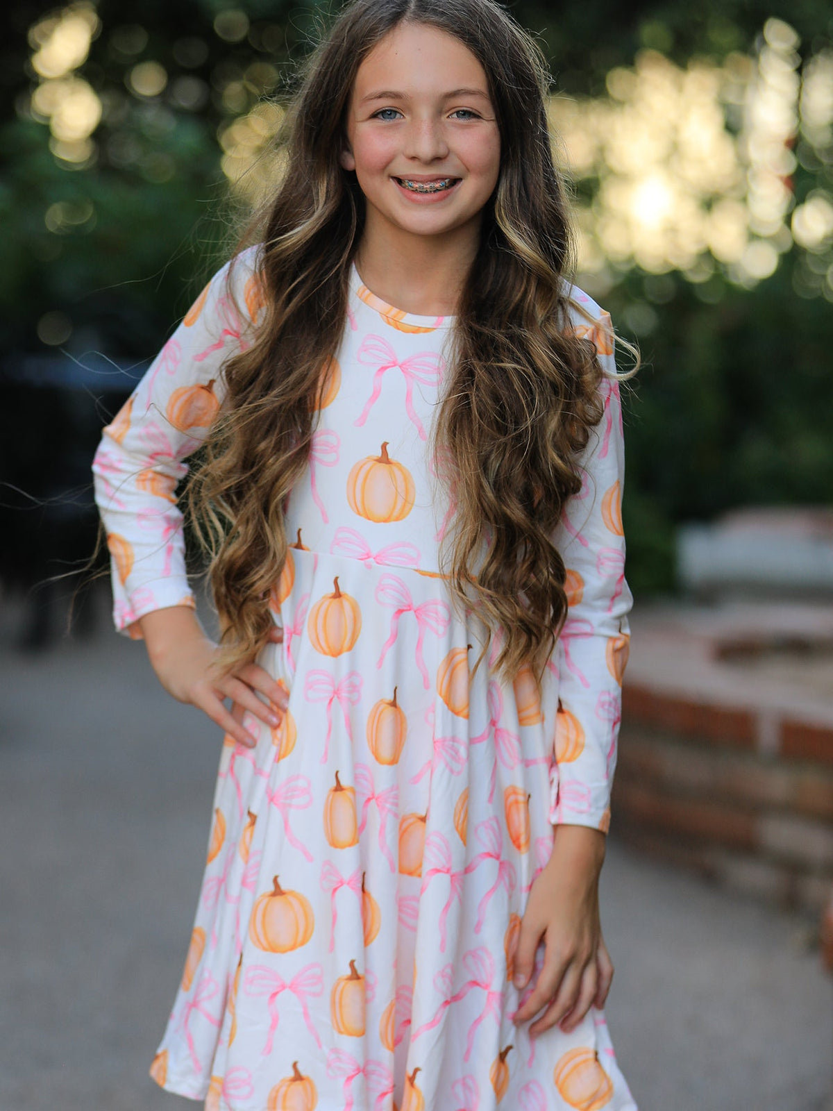 Fall Halloween & Thanksgiving Pumpkin Bow Print Long Sleeve Dress - Rylee Faith Designs - Flyclothing LLC