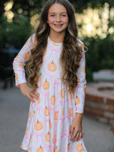 Fall Halloween & Thanksgiving Pumpkin Bow Print Long Sleeve Dress - Rylee Faith Designs - Flyclothing LLC