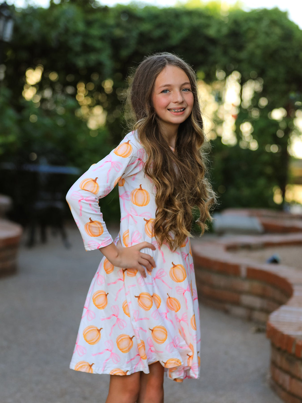 Fall Halloween & Thanksgiving Pumpkin Bow Print Long Sleeve Dress - Rylee Faith Designs - Flyclothing LLC