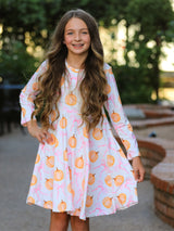 Fall Halloween & Thanksgiving Pumpkin Bow Print Long Sleeve Dress - Rylee Faith Designs - Flyclothing LLC