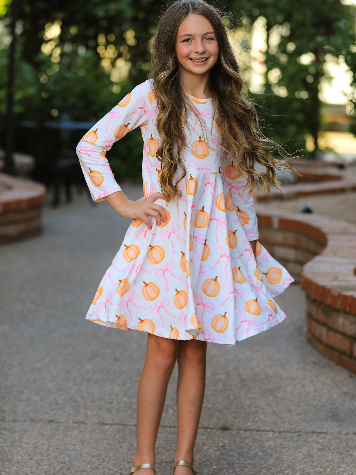 Fall Halloween & Thanksgiving Pumpkin Bow Print Long Sleeve Dress - Rylee Faith Designs - Flyclothing LLC
