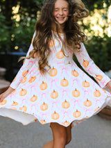 Fall Halloween & Thanksgiving Pumpkin Bow Print Long Sleeve Dress - Rylee Faith Designs - Flyclothing LLC