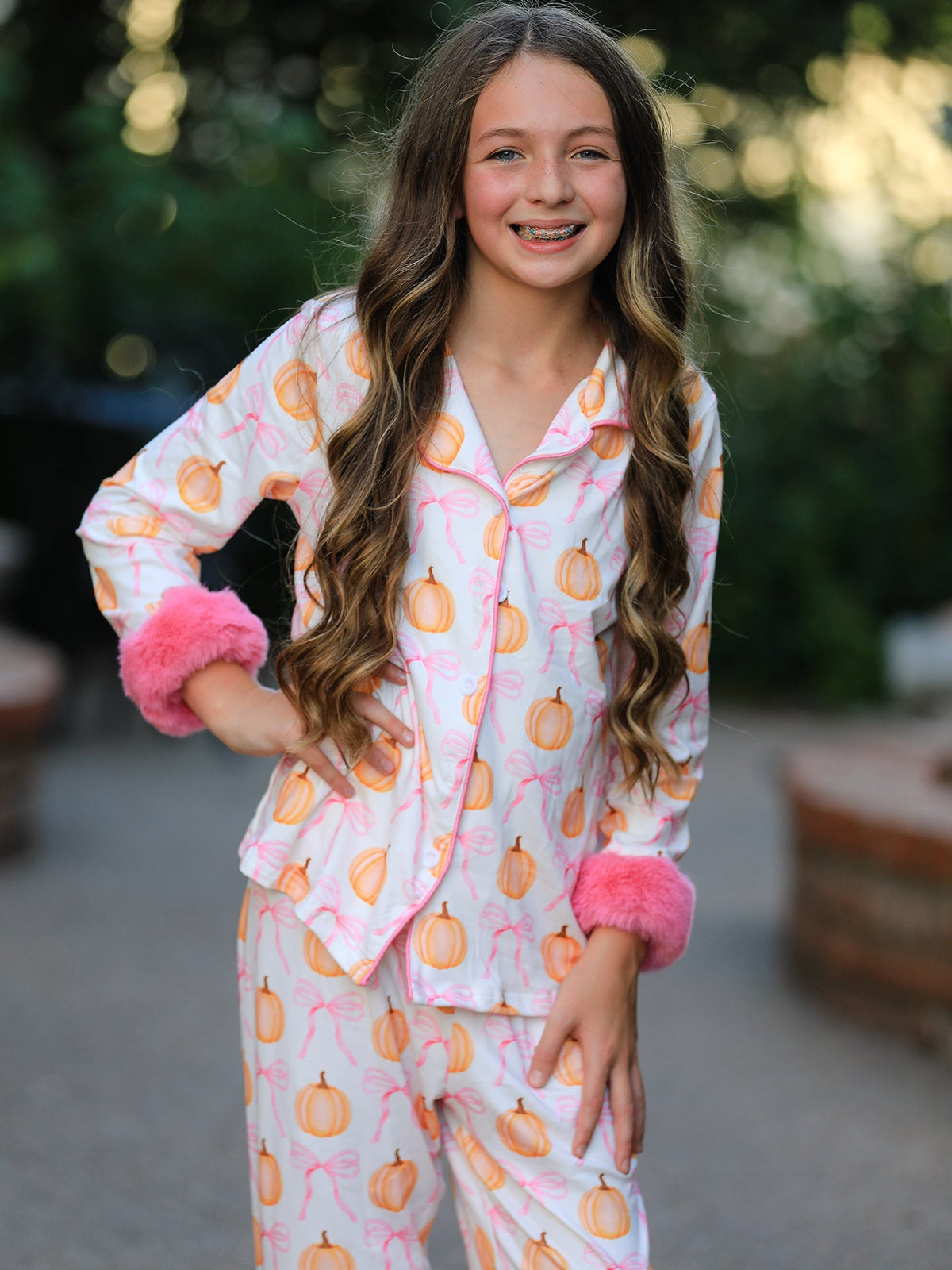 Halloween Thanksgiving Pumpkin Bow Fur Pajama Set - Rylee Faith Designs - Flyclothing LLC