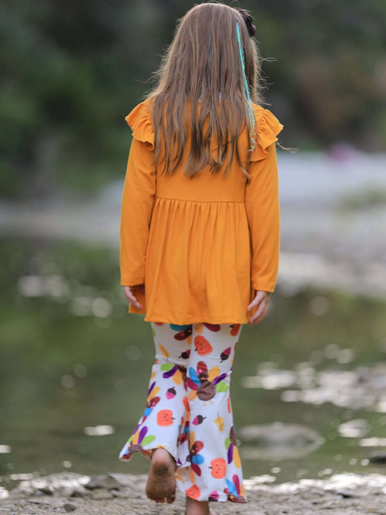 Fall Halloween & Thanksgiving Pumpkin Turkey Print Girls Long Sleeve Set