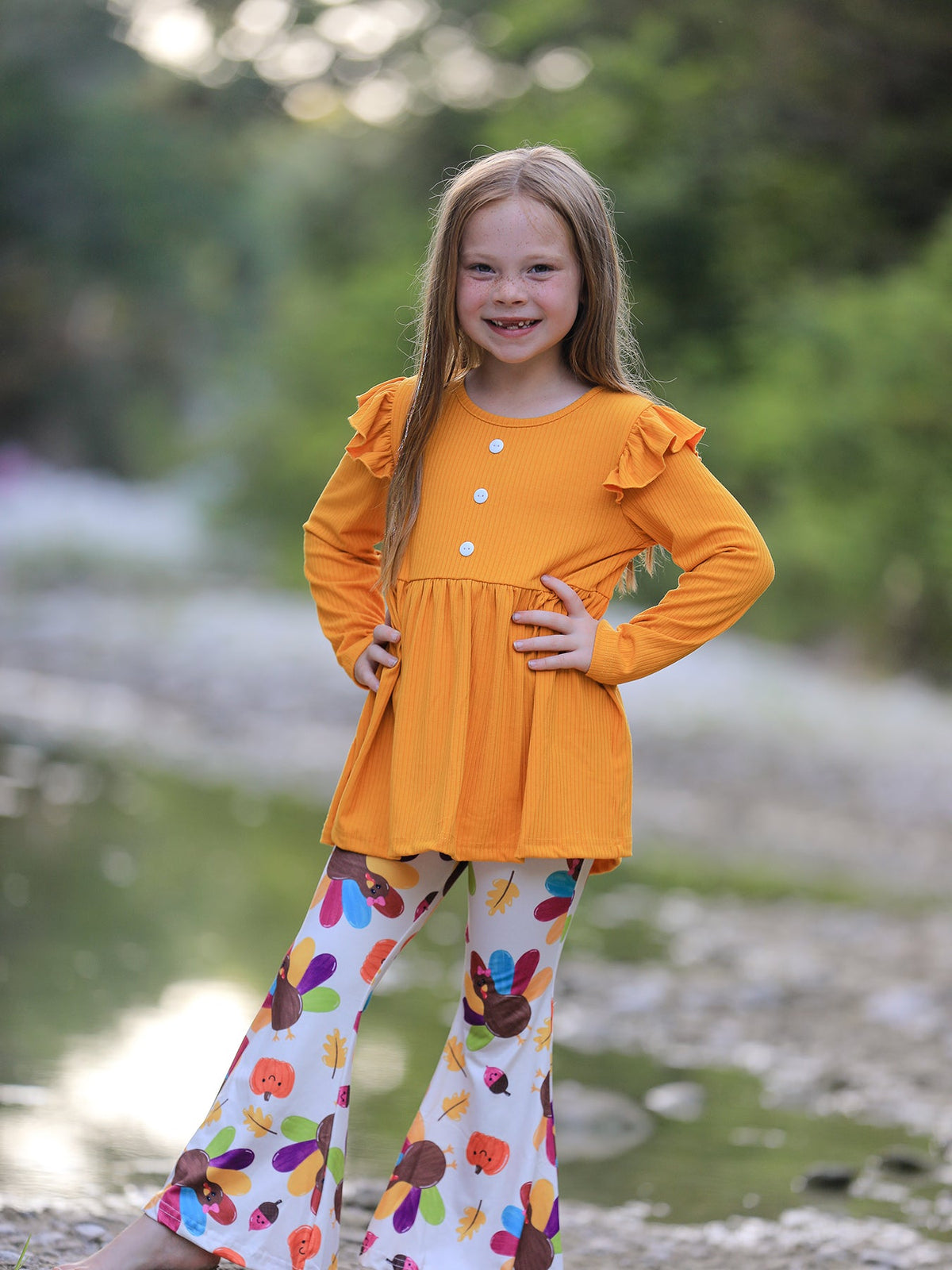 Fall Halloween & Thanksgiving Pumpkin Turkey Print Girls Long Sleeve Set - Rylee Faith Designs - Flyclothing LLC