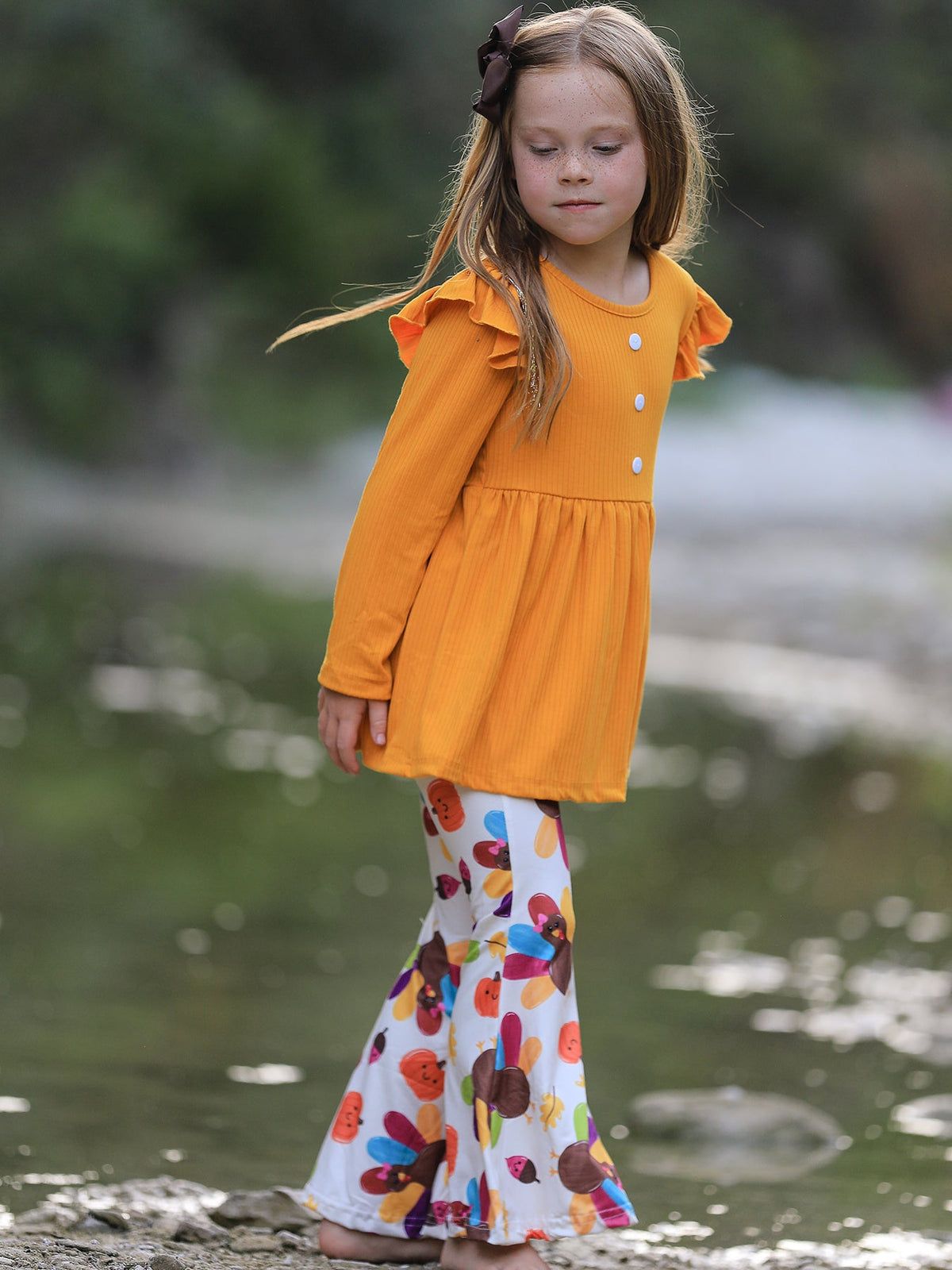 Fall Halloween & Thanksgiving Pumpkin Turkey Print Girls Long Sleeve Set - Rylee Faith Designs - Flyclothing LLC