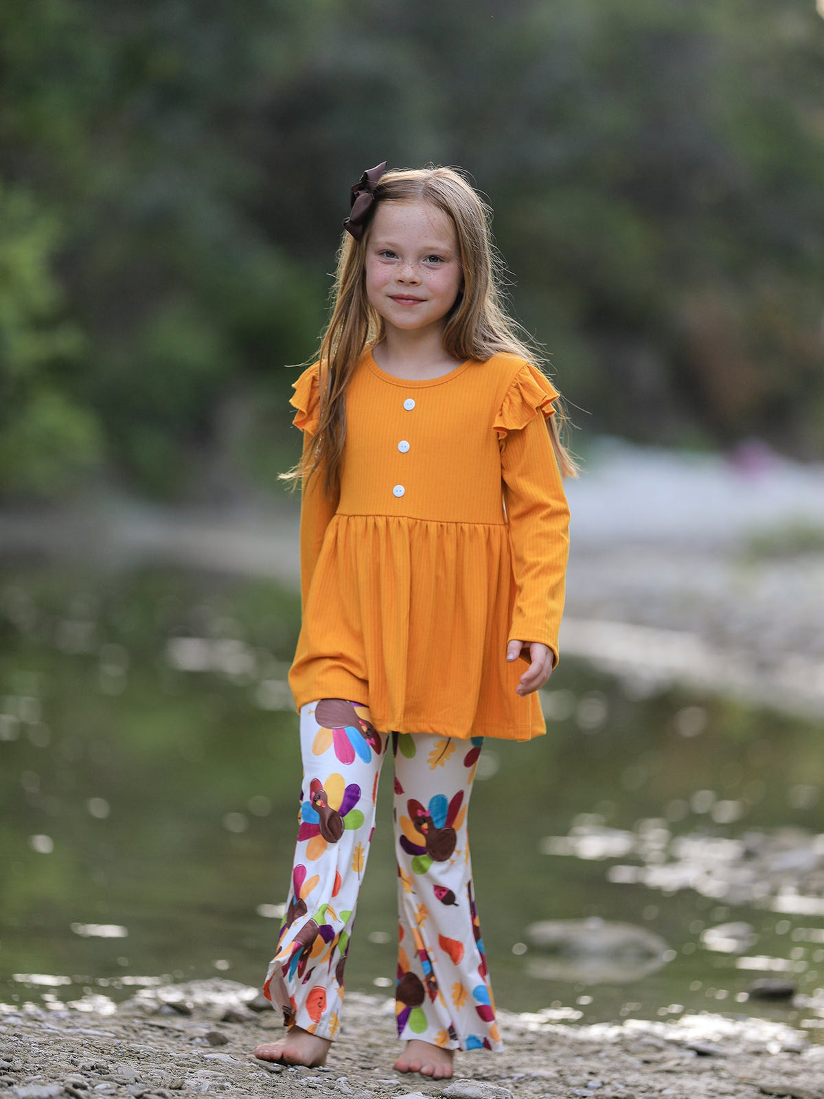 Fall Halloween & Thanksgiving Pumpkin Turkey Print Girls Long Sleeve Set - Rylee Faith Designs - Flyclothing LLC