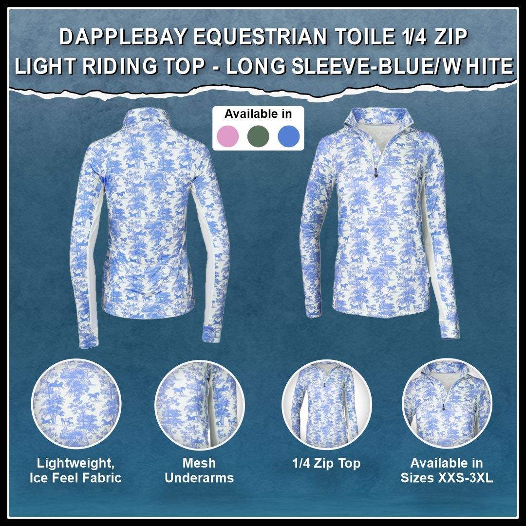 Dapplebay Equestrian Toile 1/4 Zip Light Riding Top - Long Sleeve-Blue/White - Breeches.com - Flyclothing LLC