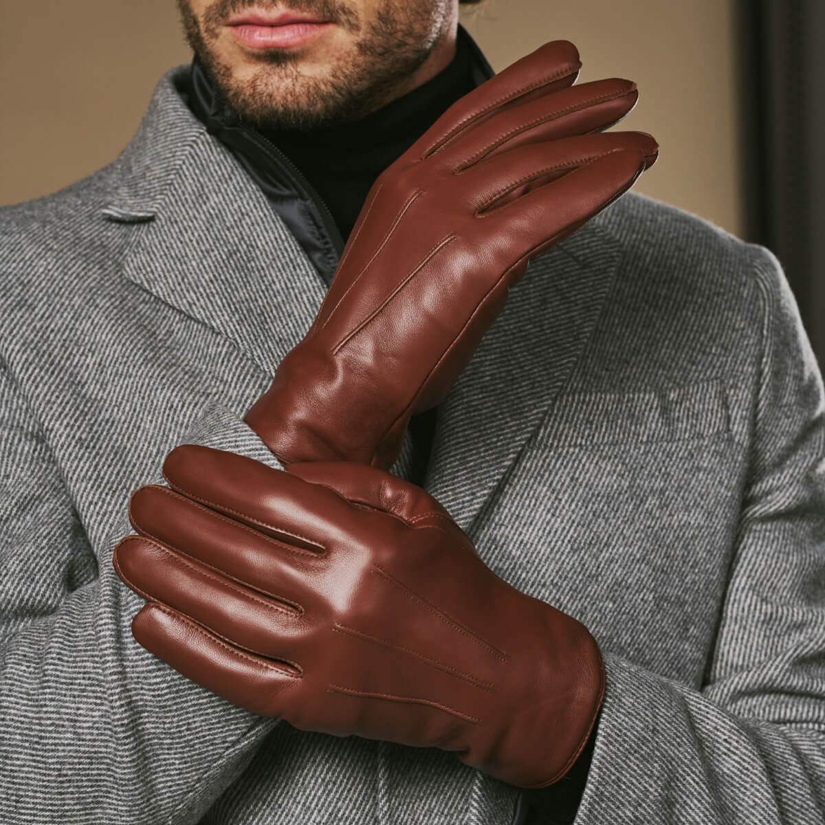 Ezra (brown) - Lambskin leather gloves with warm rabbit fur lining and touchscreen feature - Leather Gloves Online - Flyclothing LLC