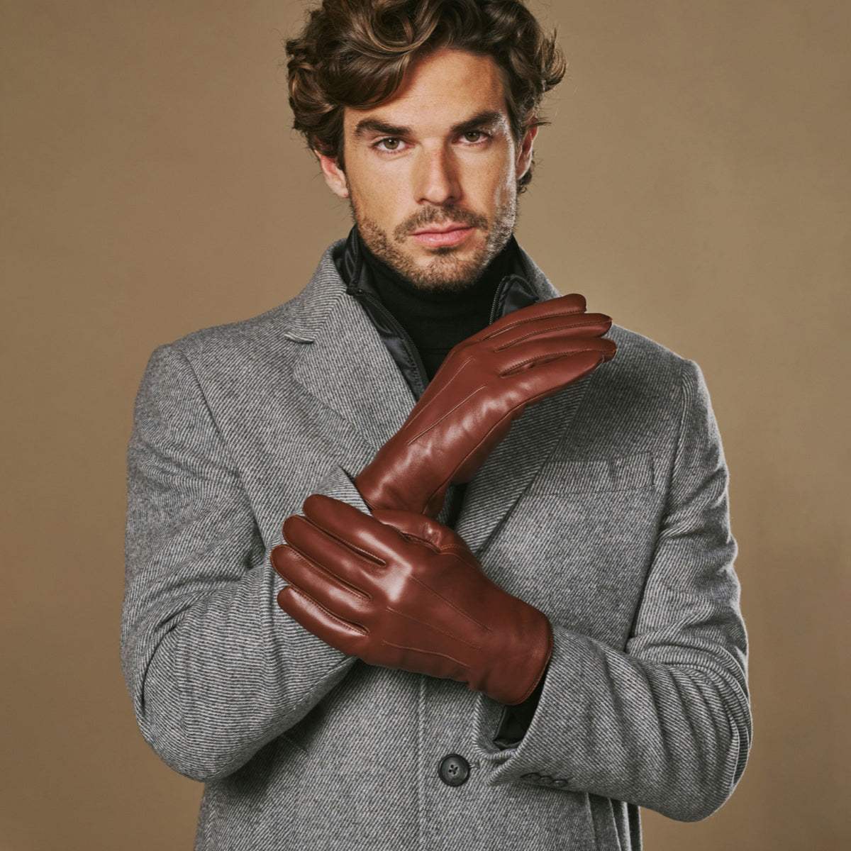 Ezra (brown) - Lambskin leather gloves with warm rabbit fur lining and touchscreen feature - Leather Gloves Online - Flyclothing LLC
