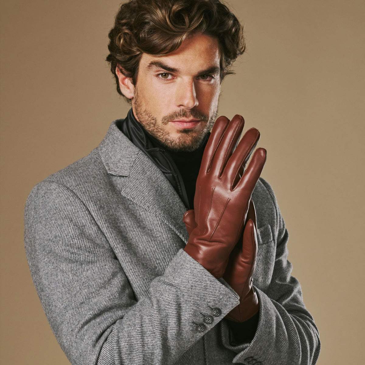 Ezra (brown) - Lambskin leather gloves with warm rabbit fur lining and touchscreen feature - Leather Gloves Online - Flyclothing LLC
