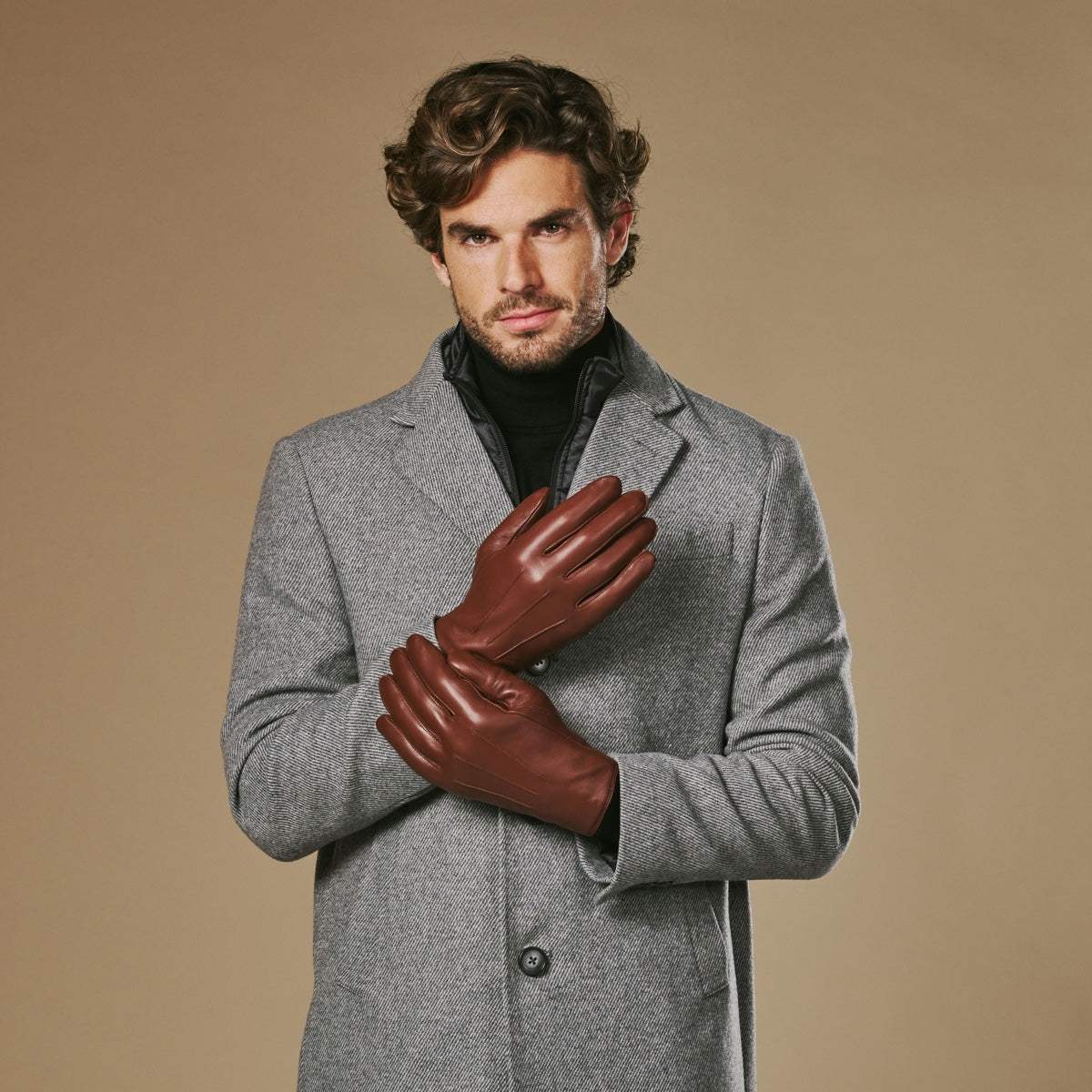 Ezra (brown) - Lambskin leather gloves with warm rabbit fur lining and touchscreen feature - Leather Gloves Online - Flyclothing LLC